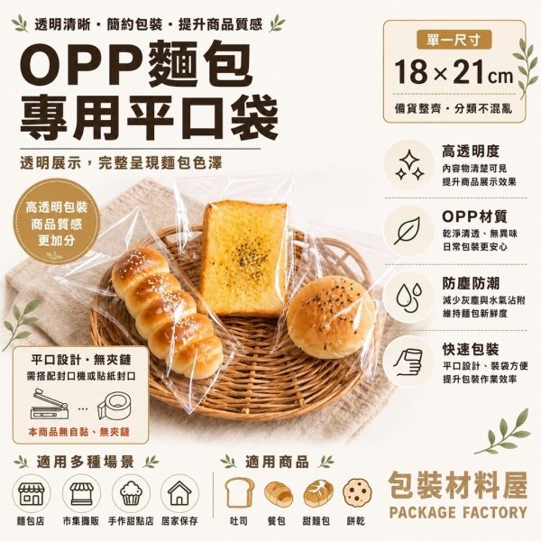 18*21cm 高亮度OPP平口麵包袋 烘培坊包裝 麵包袋 吐司袋 吐司包裝 OPP平口袋 OPP麵包袋