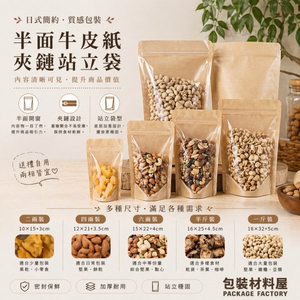 牛皮紙夾鏈立袋 一斤.半斤.六兩.四兩.二兩裝 牛皮夾鏈袋 | 100入 食品夾鏈袋 牛皮紙包裝袋 牛皮立袋 牛皮袋