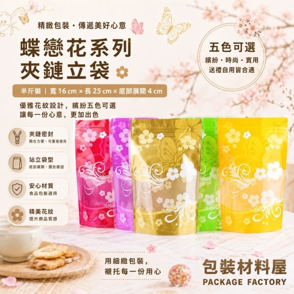 五種顏色-蝶戀花系列  半斤夾鏈立袋 食品夾鏈立袋  彩色夾鏈袋 夾鏈立袋 16*25+4cm 100入