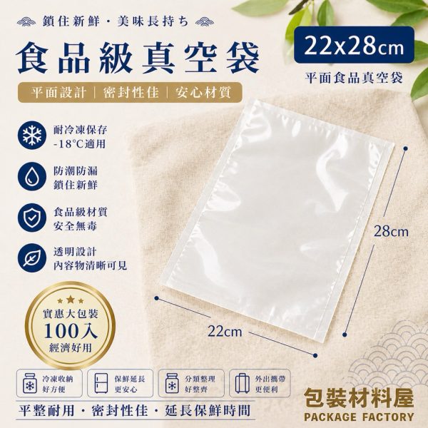 22x28cm 食品級平面真空袋 抗冷凍食品真空袋 食品真空包裝 220x280mm 真空袋 | 100入