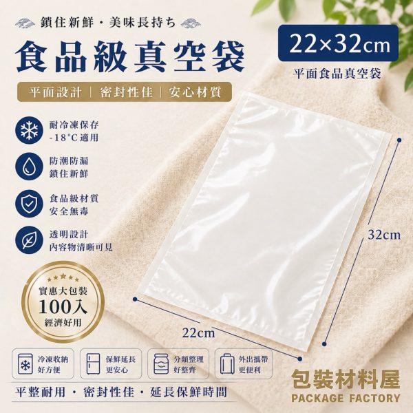 22x32cm  食品真空袋 食品級平面真空袋 抗冷凍食品真空袋 真空包裝袋 | 100入