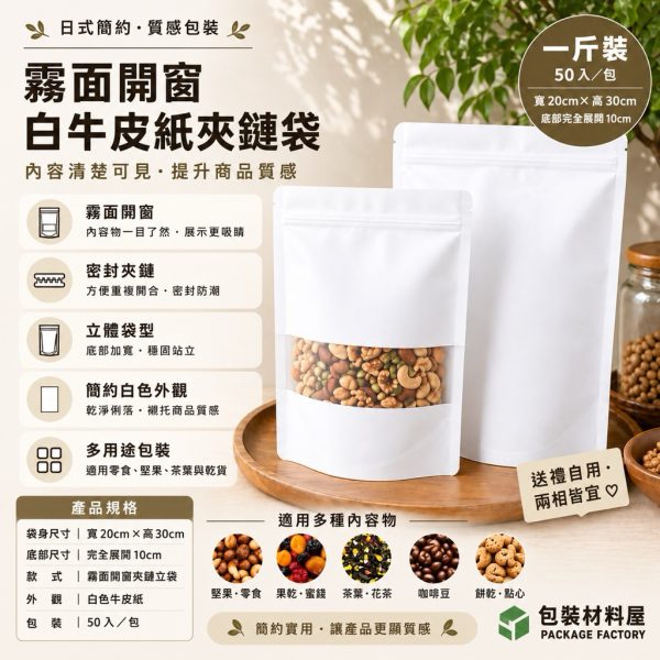 加厚 一斤裝(600克) 白牛皮紙袋 白色霧面開窗牛皮夾鏈袋 20x30cm 夾鏈袋 牛皮紙夾鏈袋 50入