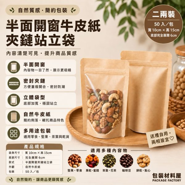 50入 半面牛皮夾鏈立袋 10x15+3cm 2兩 牛皮夾鏈立袋牛皮紙包裝 牛皮夾鏈立袋 牛皮立袋