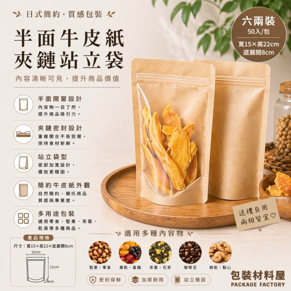 50入 半面牛皮夾鏈立袋 15x22+4cm 6兩 牛皮夾鏈立袋牛皮紙包裝 牛皮夾鏈立袋 牛皮立袋