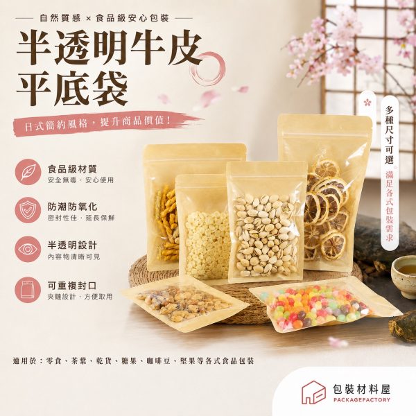 50入 半牛皮 食品平面夾鏈袋 半面透明夾鏈平袋 多種尺寸 半面牛皮夾鏈袋 寵物零食夾鏈袋 牛皮夾鏈袋