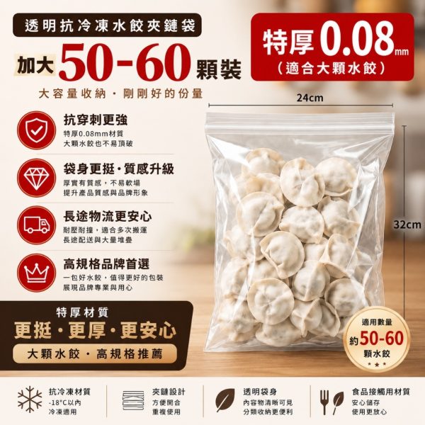 特厚升級款 加大 50顆裝 抗冷凍加厚水餃專用夾鏈袋（約可裝50-60顆水餃）厚0.08 24*32cm