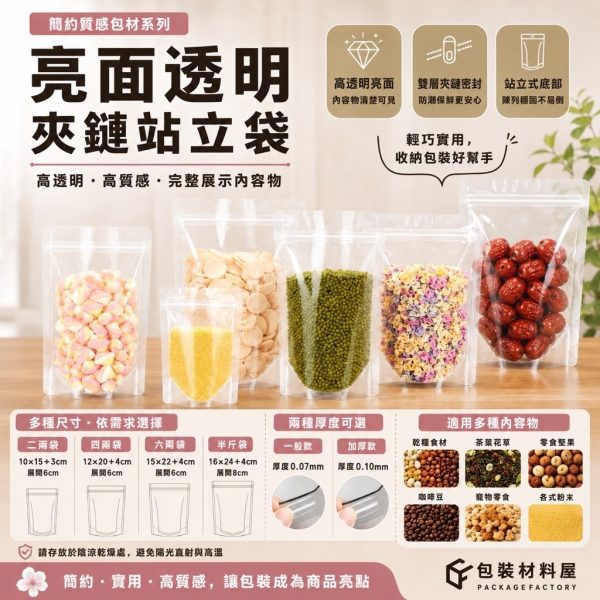 亮面透明夾鏈立袋 多種尺寸 一般款 厚度 0.07MM 夾鏈站立袋 夾鏈自立袋 夾鏈立袋 二兩~一斤款